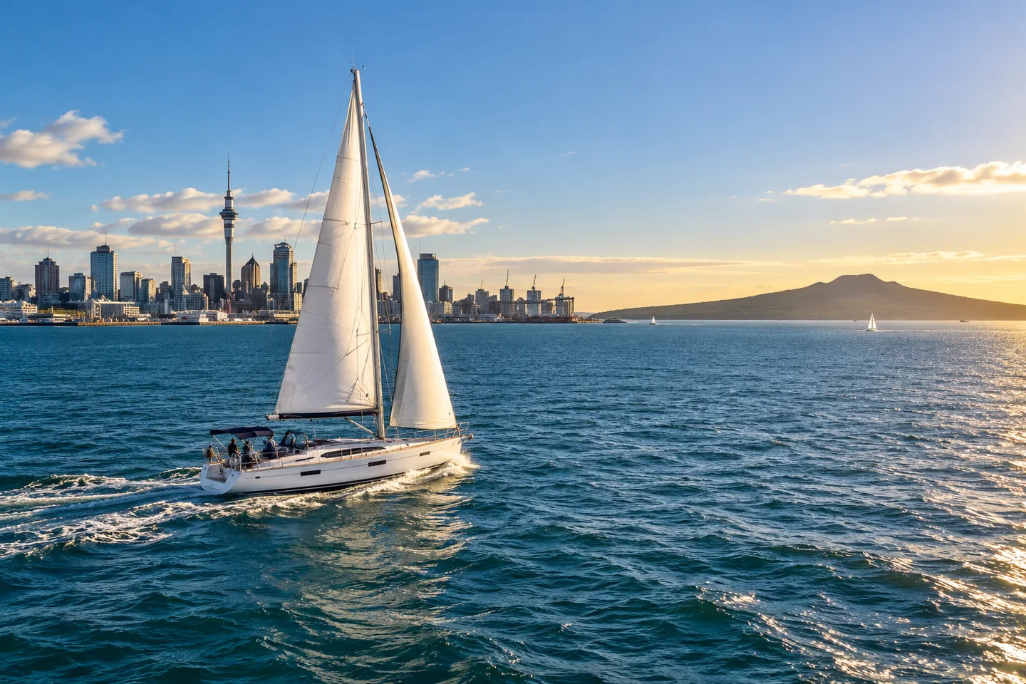 A sailing yacht crossing the harbour with the Auckland skyline beyond