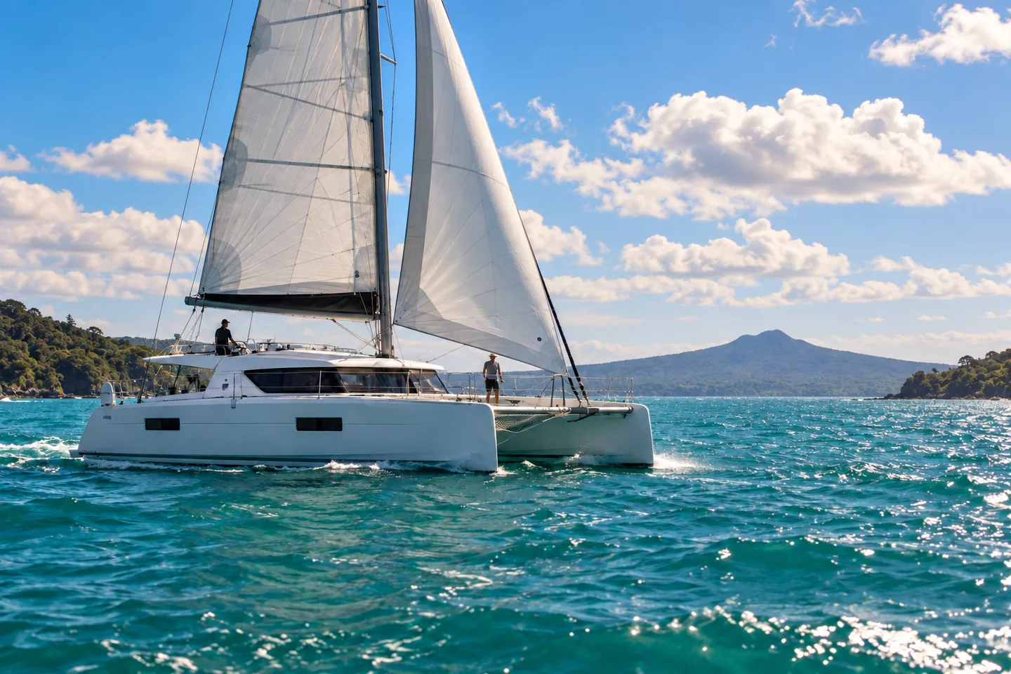 A white sailing catamaran crossing turquoise water near green harbour headlands