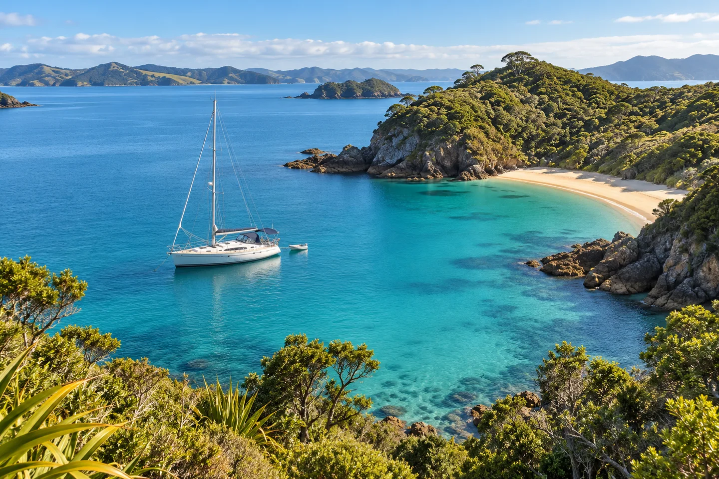 A sailing yacht anchored in a turquoise cove beneath green island headlands