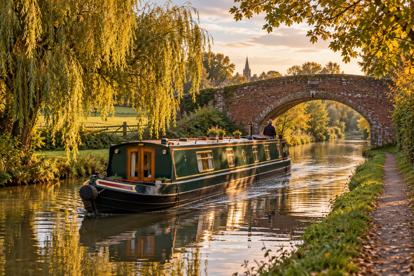 A green narrowboat passing beneath a brick bridge on an autumn canal