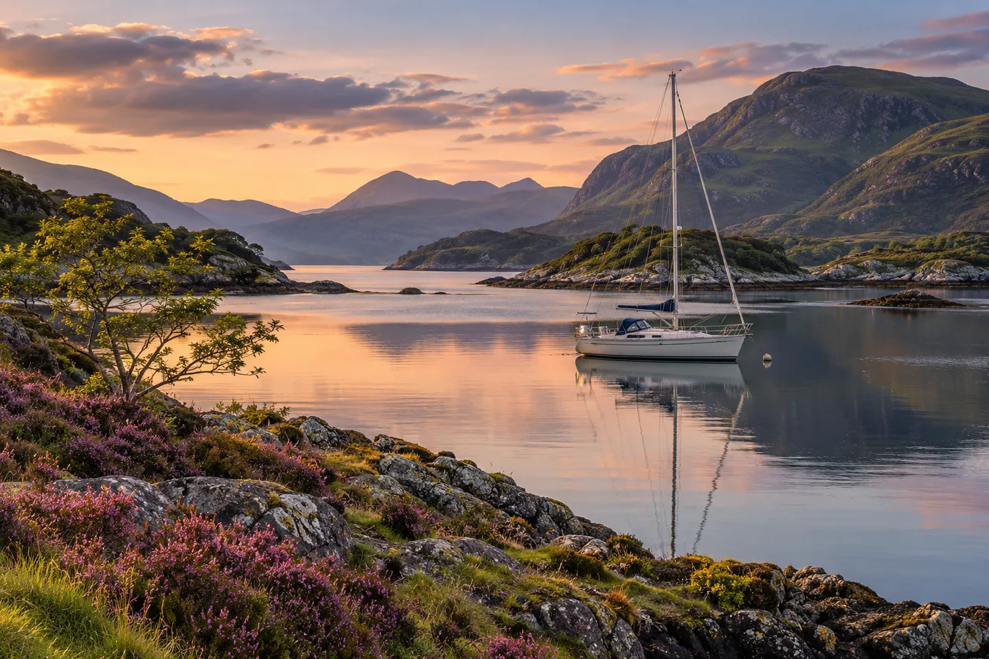 A cruising yacht anchored in a quiet Scottish sea loch at sunset