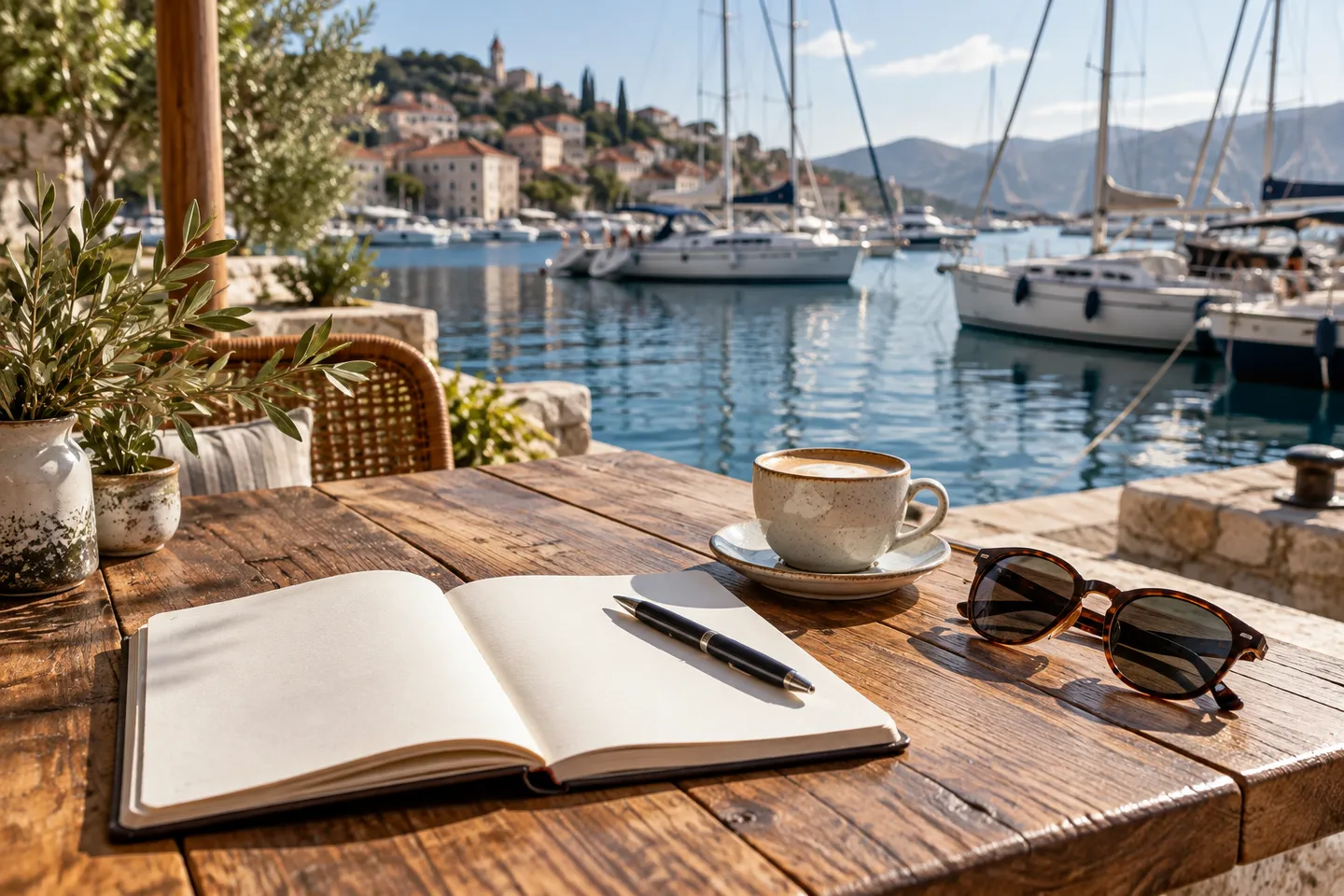 A notebook, coffee and sunglasses beside a marina while planning a charter