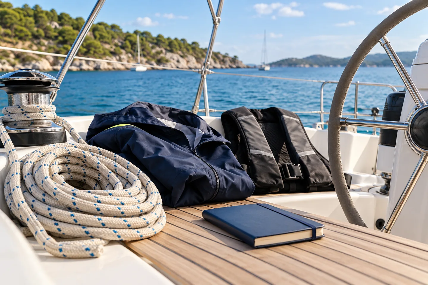 Coiled rope and waterproof clothing in a sailing yacht cockpit