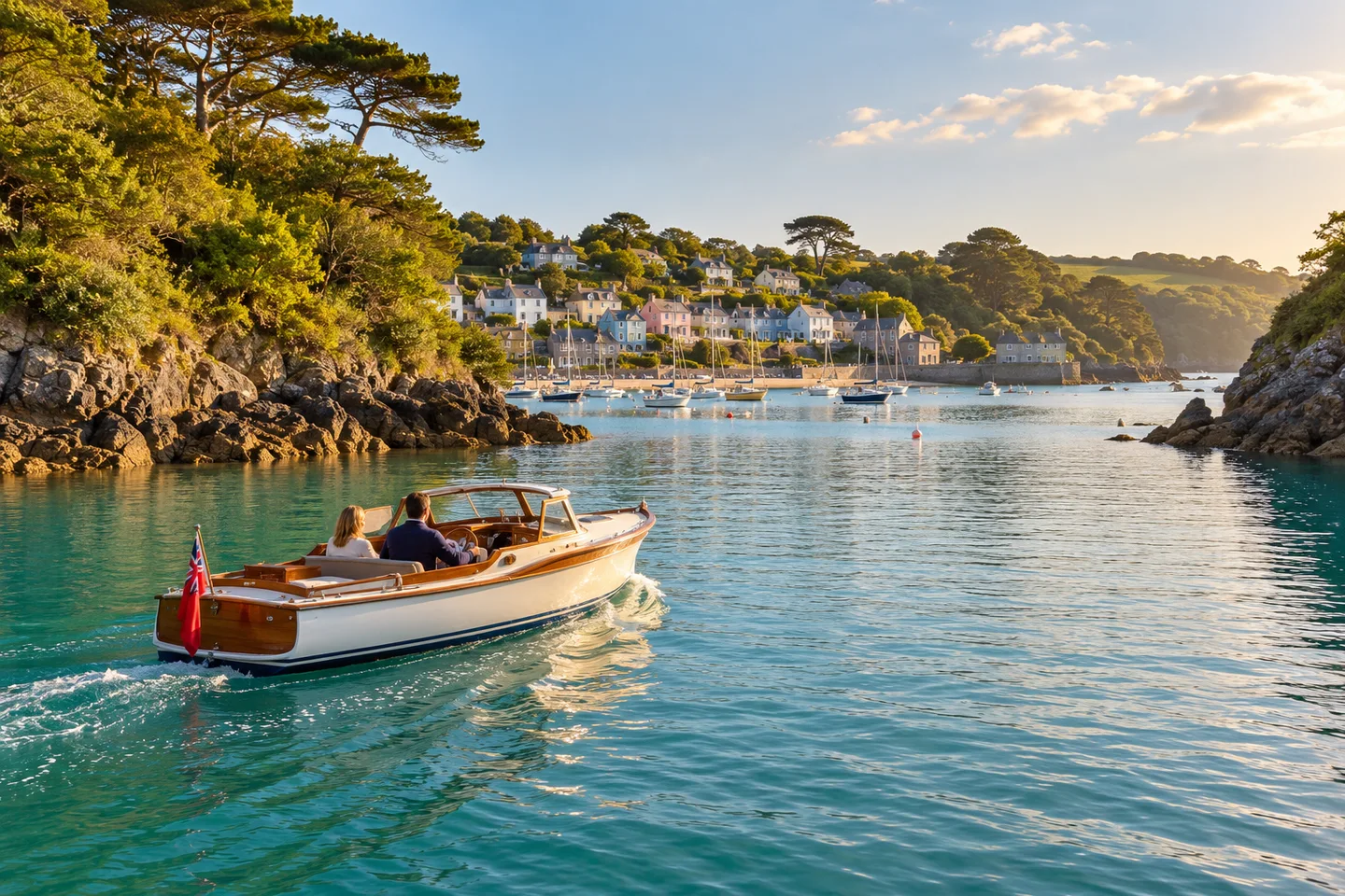 A motor launch cruising through a sheltered Cornish estuary