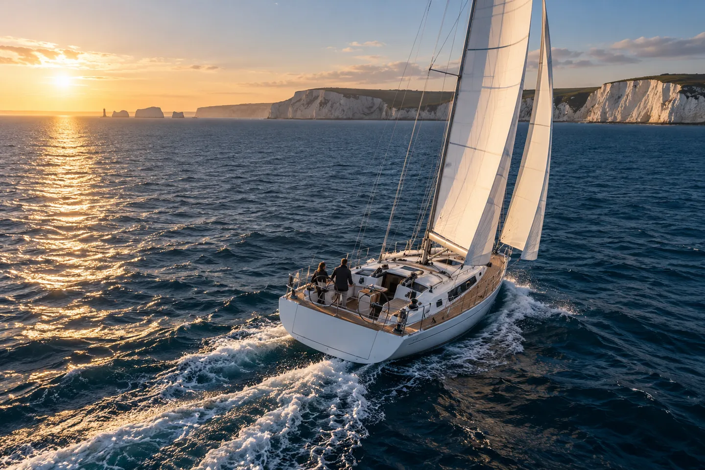 An aerial view of a sailing yacht underway near chalk coastal cliffs