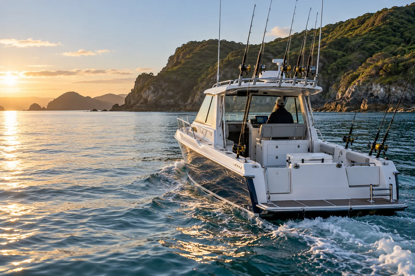 A small fishing charter boat near a green New Zealand headland