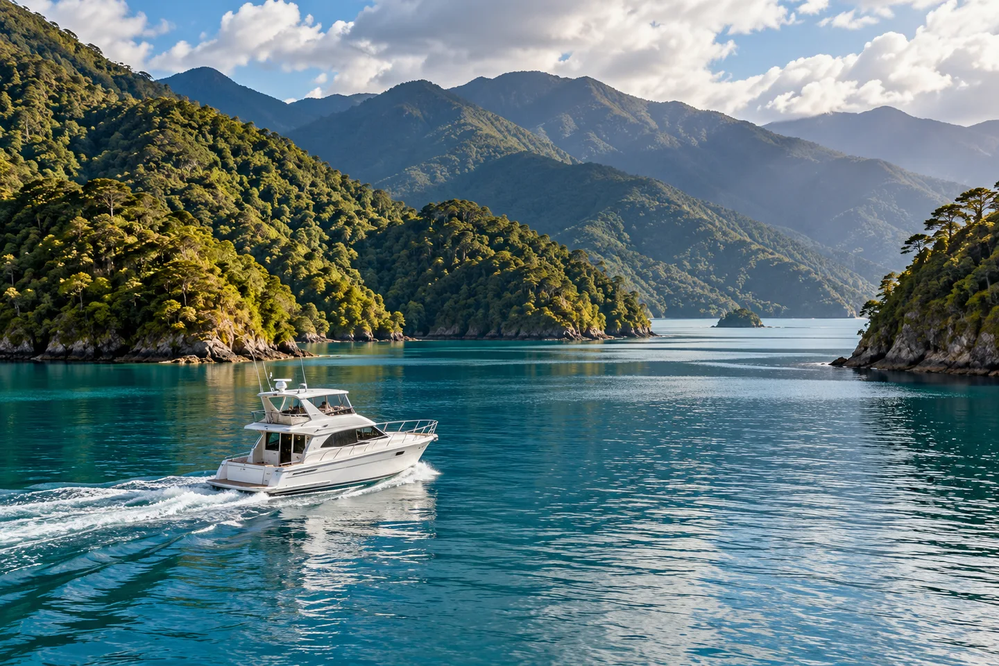 A cruising yacht between the forested ridges of the Marlborough Sounds