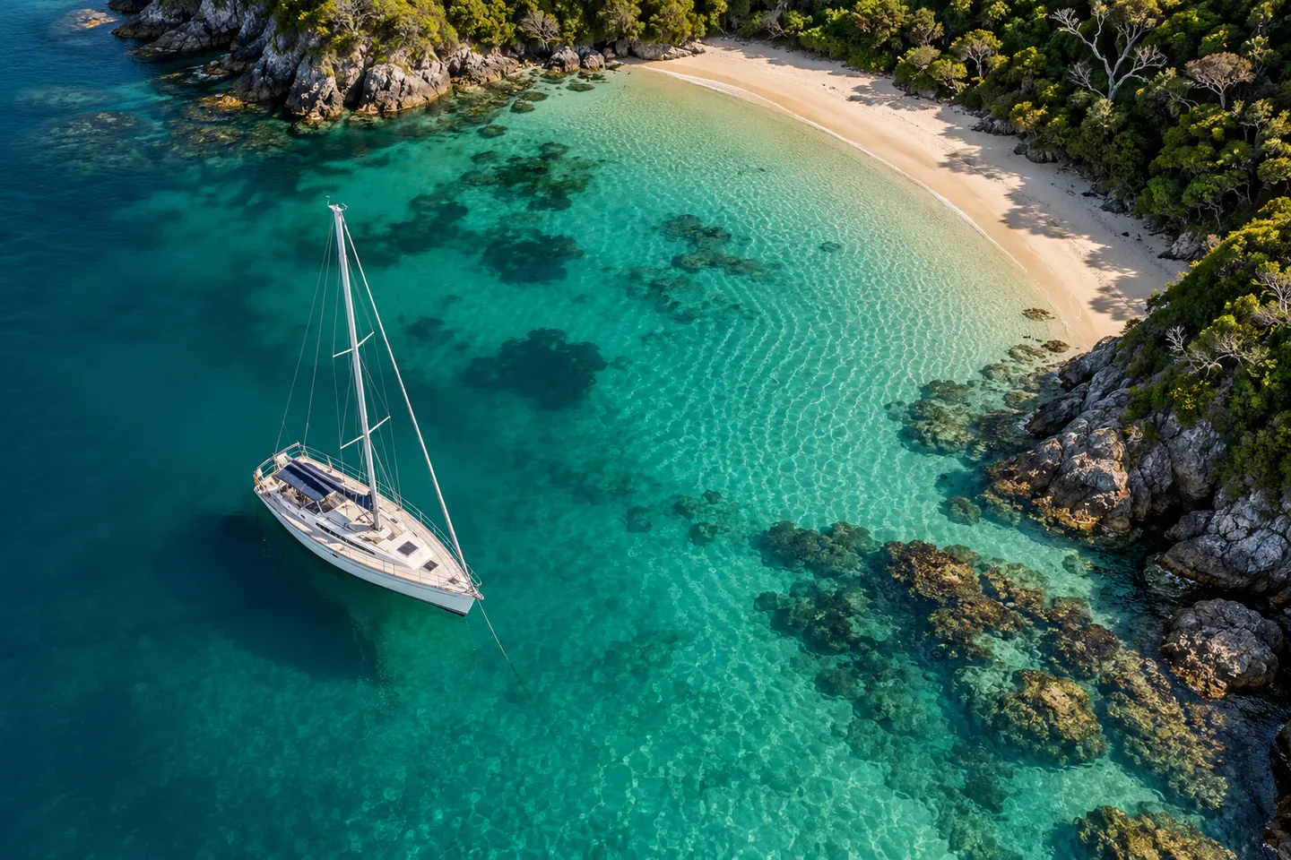 An overhead view of a sailing yacht anchored beside a secluded sandy beach