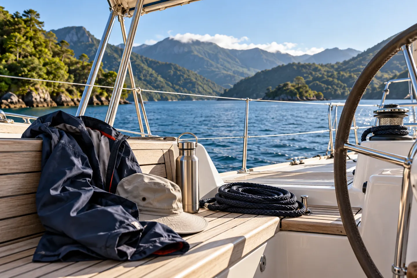 A jacket, hat, water bottle and dock line arranged in a yacht cockpit