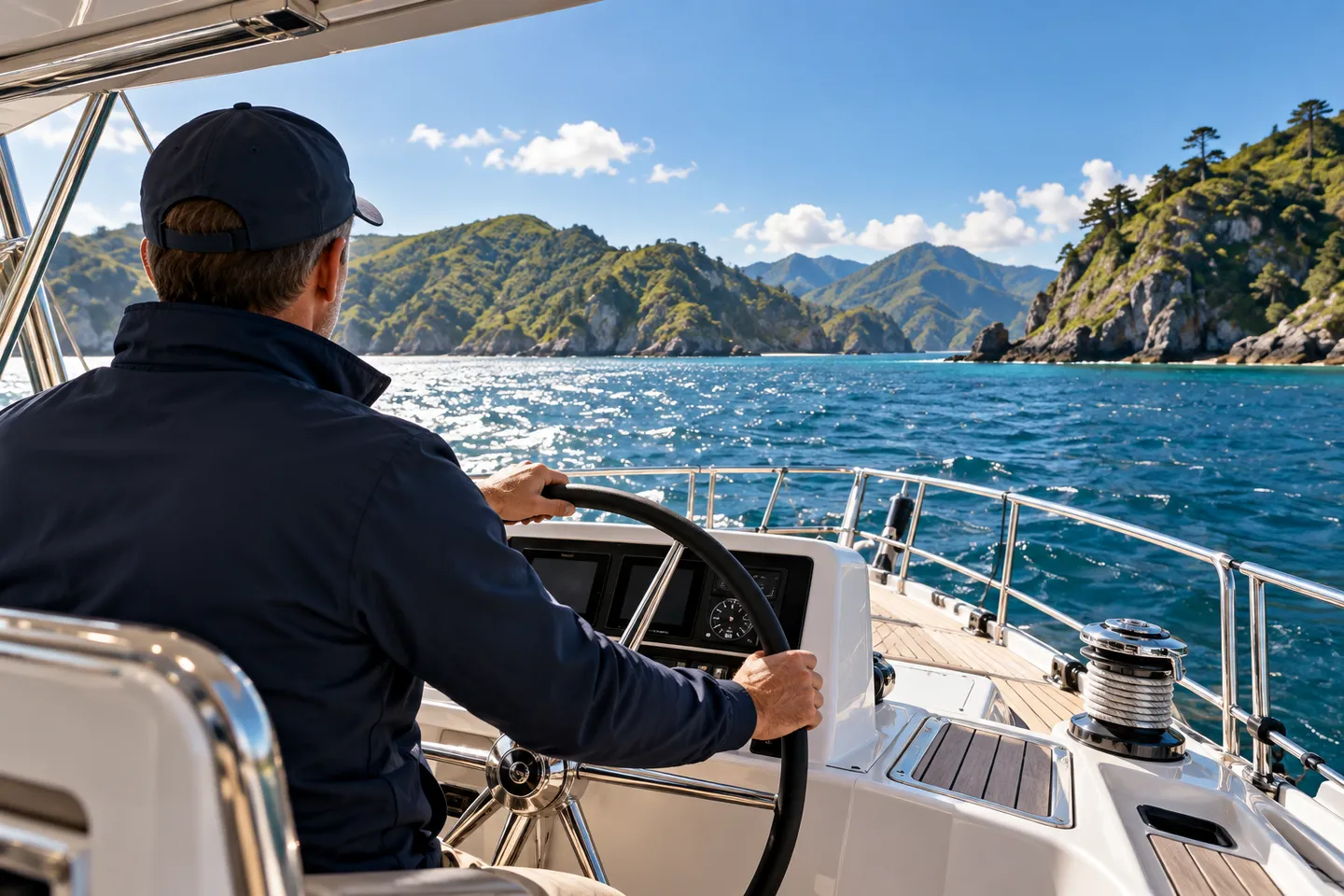 A skipper at the helm looking towards green island headlands