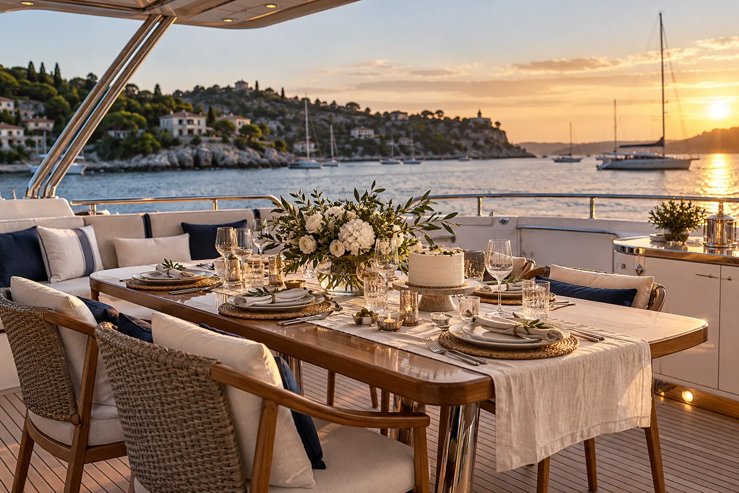A birthday lunch table set on a charter yacht deck at sunset
