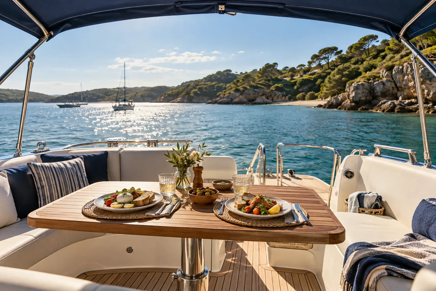A picnic table and comfortable seating aboard a private motor cruiser