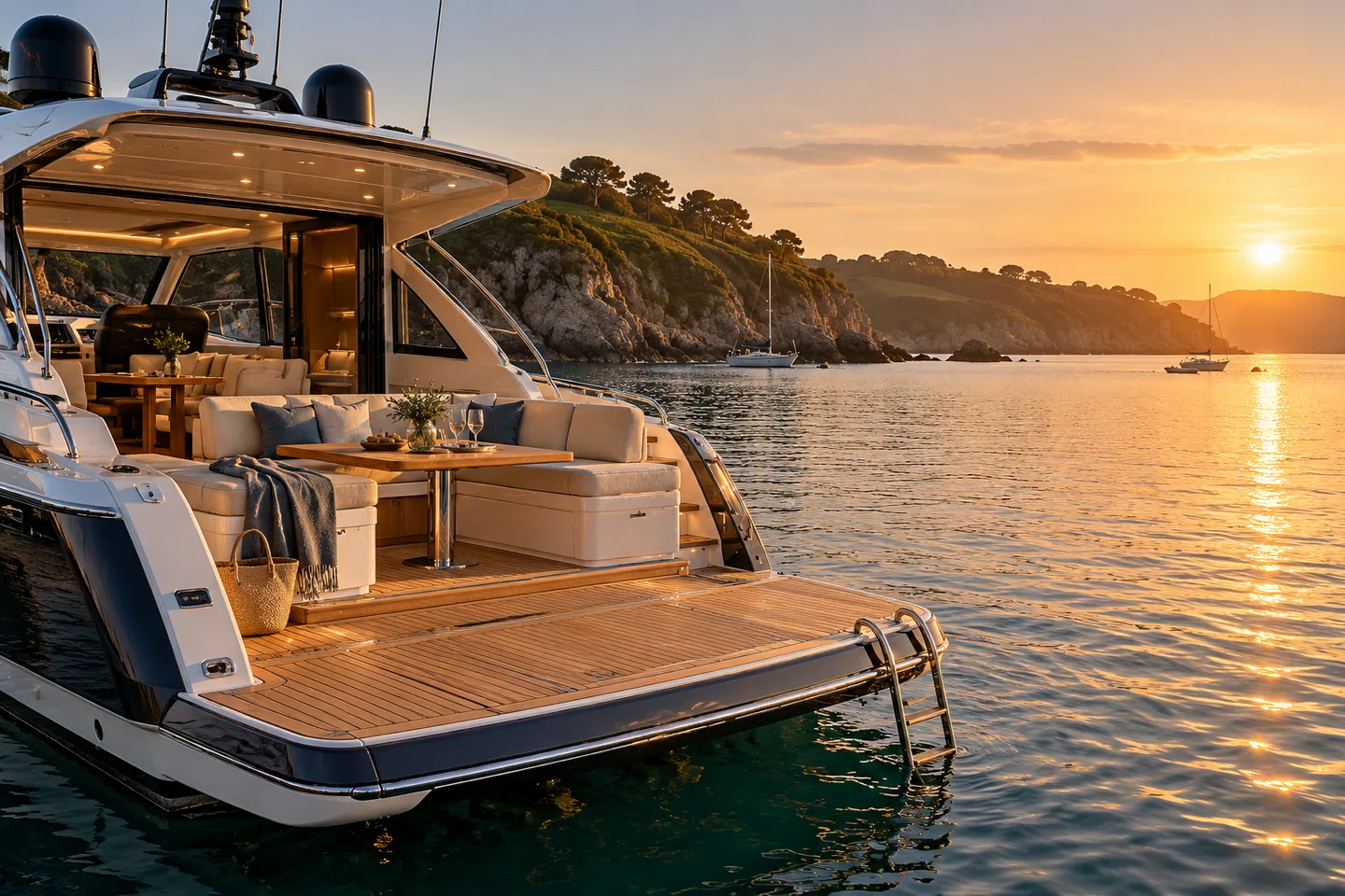 A motor yacht anchored in a quiet coastal bay at golden hour