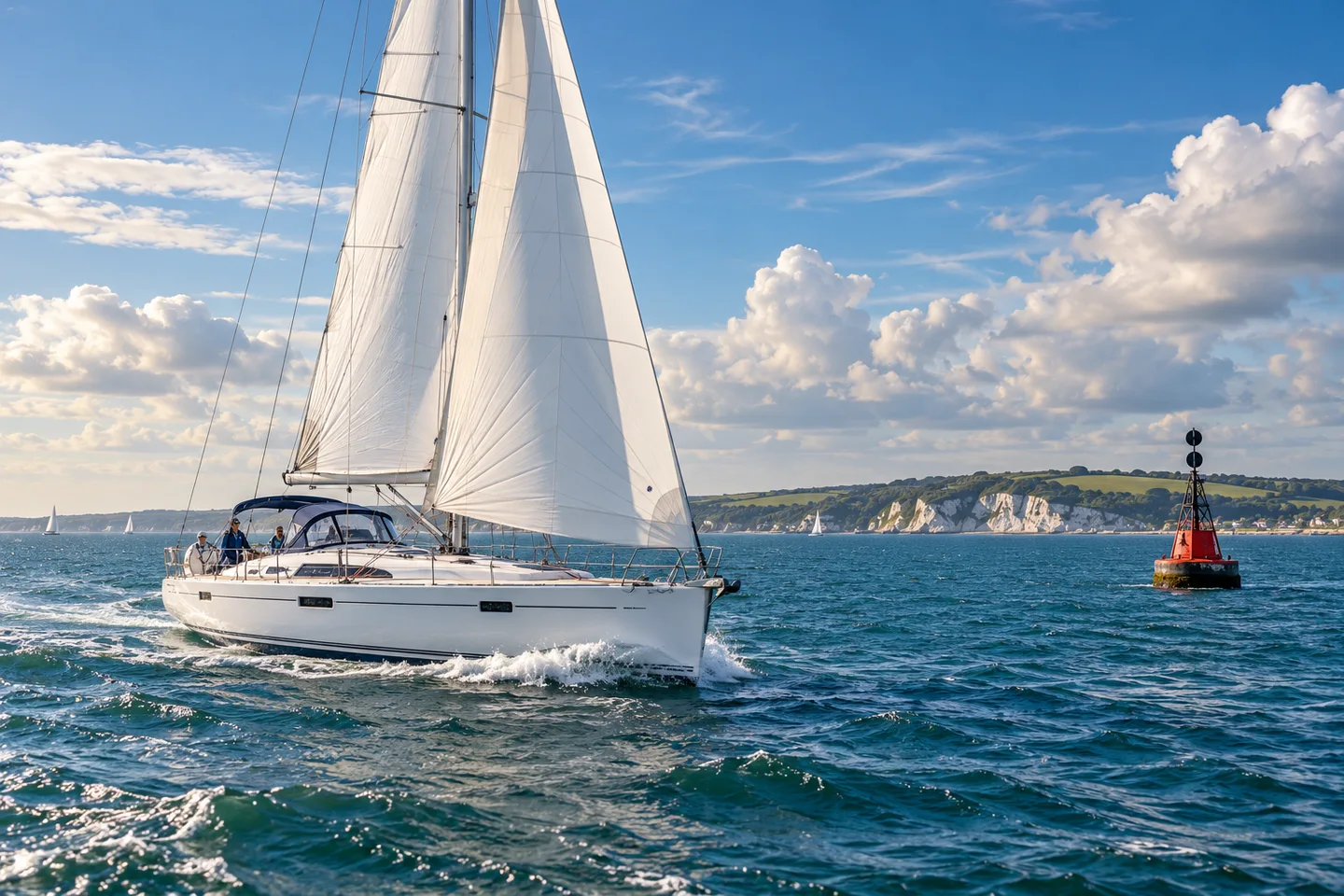 A white sailing yacht crossing blue waters off the Isle of Wight