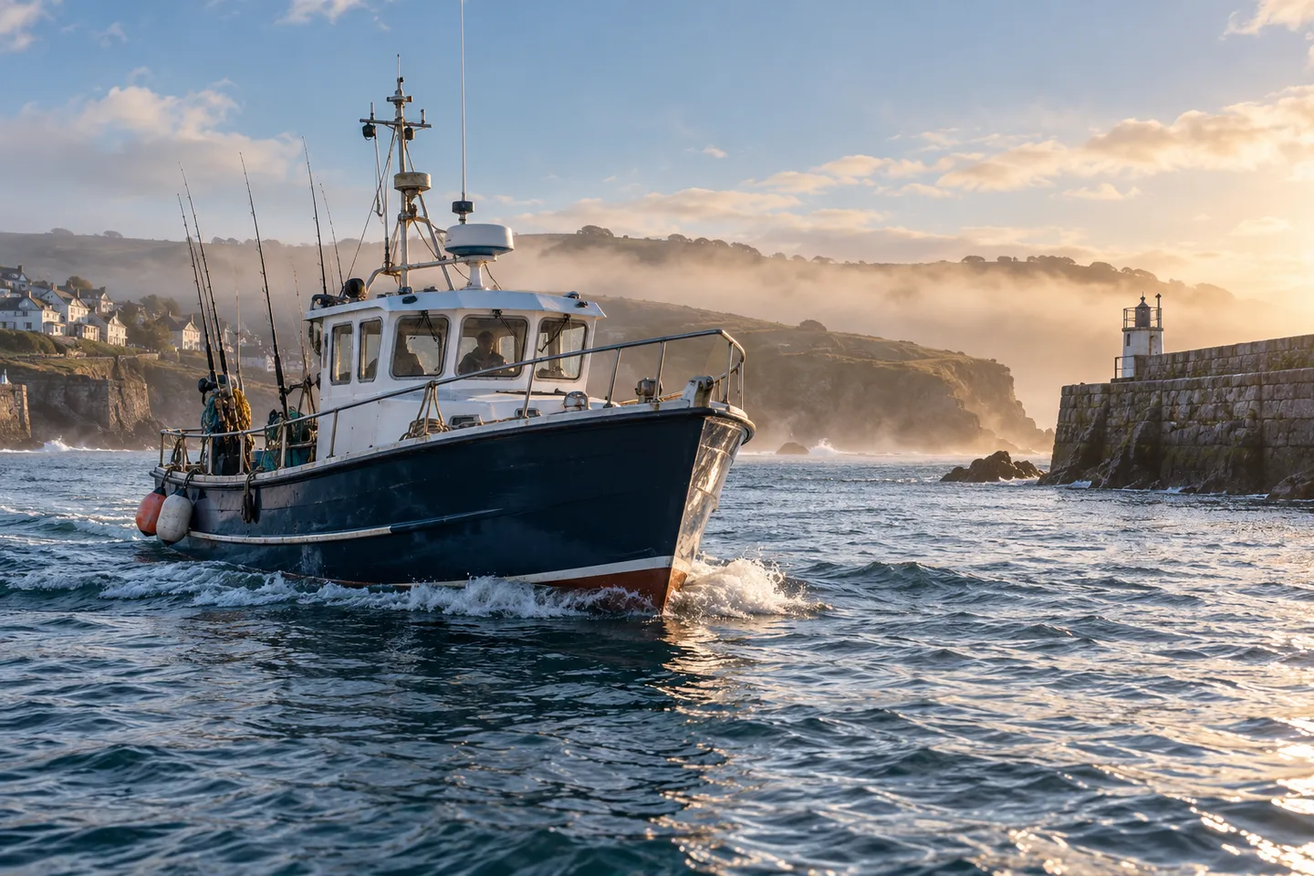 A blue-hulled fishing charter boat leaving a stone-walled Cornish harbour